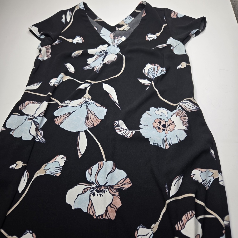 A New Day Women's Black Pink Blue Floral V-Neck Shift Dress Pocket Size M Medium